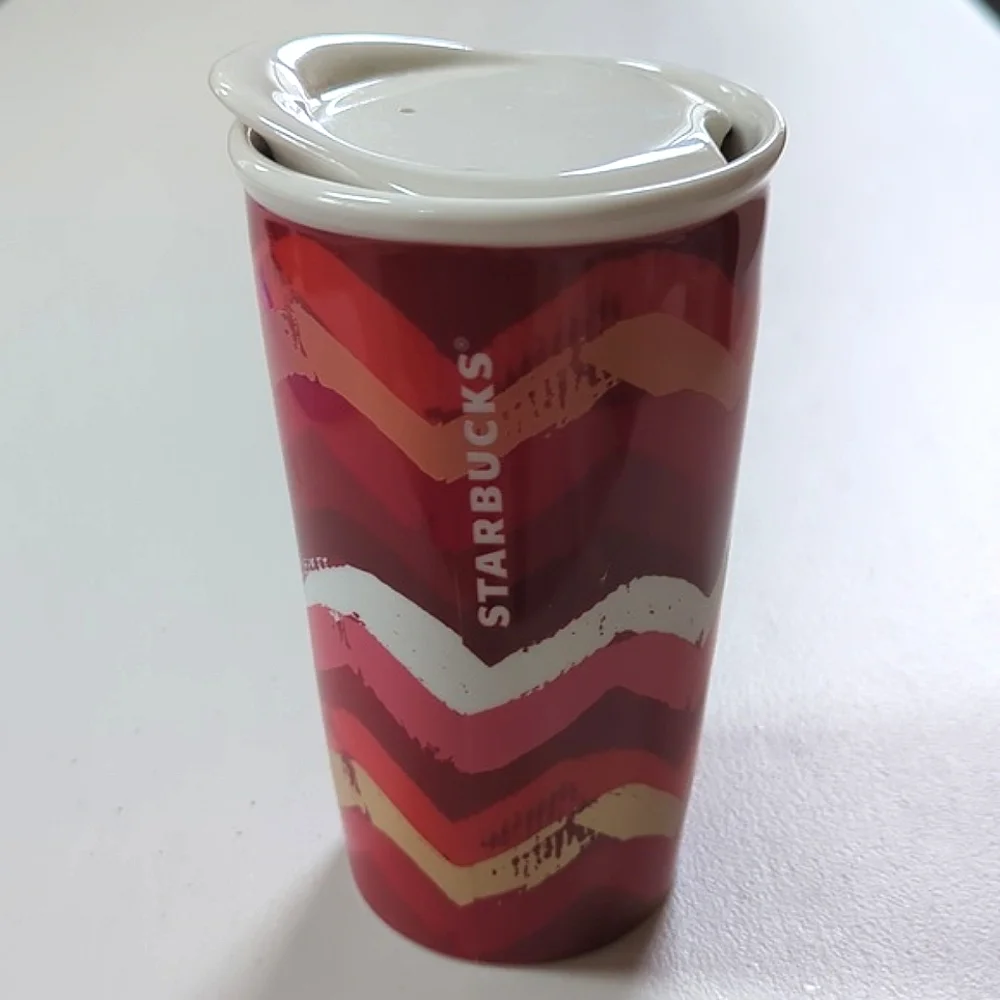 Starbucks, 2014 red Chevron ceramic lidded tumbler
